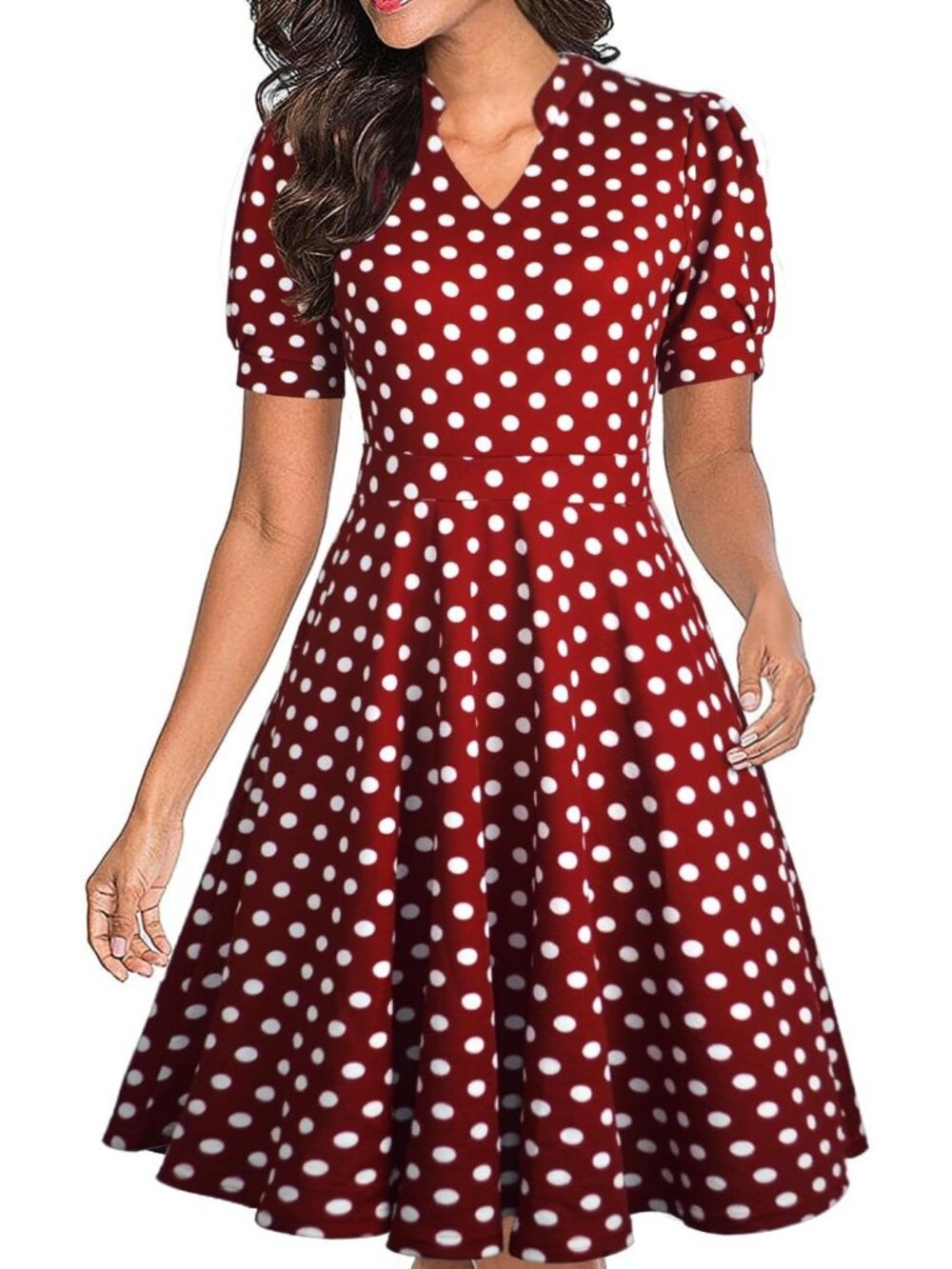 Women's Wine Polka Dot Fit & Flare Midi Dress Puff Sleeve with Pockets